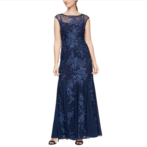 NEW $219 Alex Evenings [ 14 ] Illusion Neck Lace Embroider Godet Gown Navy‎ - Picture 13 of 13